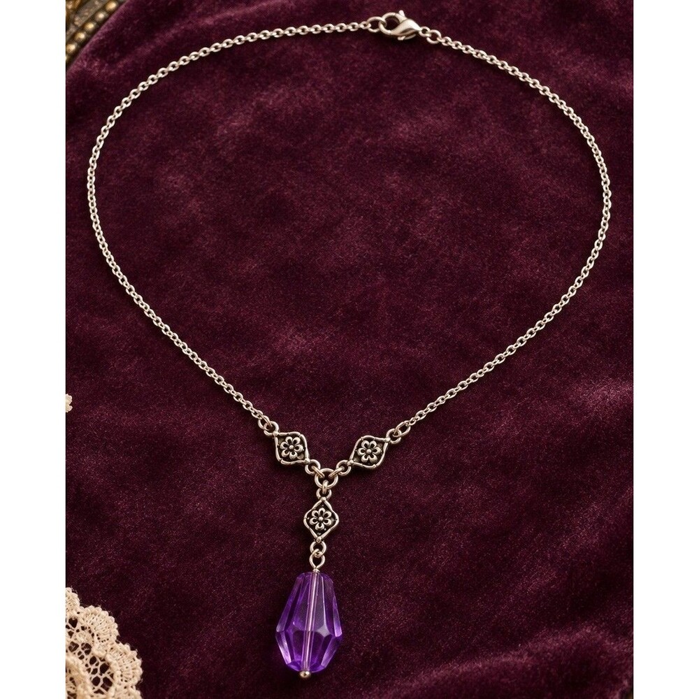 Vintage Avon Purple Lucite Bead Y Drop Necklace Silver Tone Floral 18 Inch Y2K